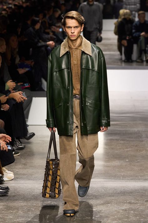 Fendi Fall 2024 Menswear Collection | Vogue Fendi Menswear, Fw 2024, Milan Fashion Week Runway, 2024 Menswear, Brown Leather Coat, Staple Dress, Menswear Runway, Men Fashion Show, Straight Trousers