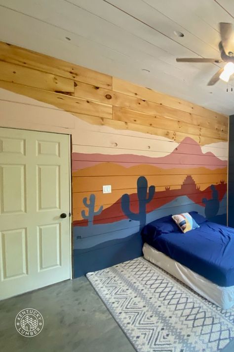 Southwestern Wall Mural, Farmhouse Mural Wall Painting, Small Bedroom Mural, Southwest Accent Wall, Desert Landscape Wall Mural, Colorful Shiplap Wall, Desert Theme Room, Arizona Themed Bedroom, Western Theme House