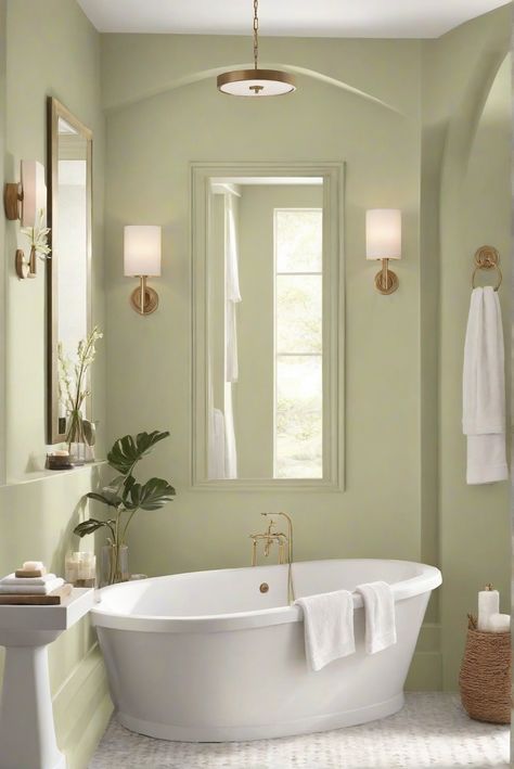 Pale Avocado Paradise: Green Tranquility (BM 2146-40) - 2024 Bathroom Oasis! - upgradesign.blog Pale Green Bathroom, Green Bathroom Paint, Girly Apartment Ideas, Paint Colors 2024, Bright Room Colors, Trendy Apartment Decor, Calming Decor, 2024 Bathroom, Best Wall Colors