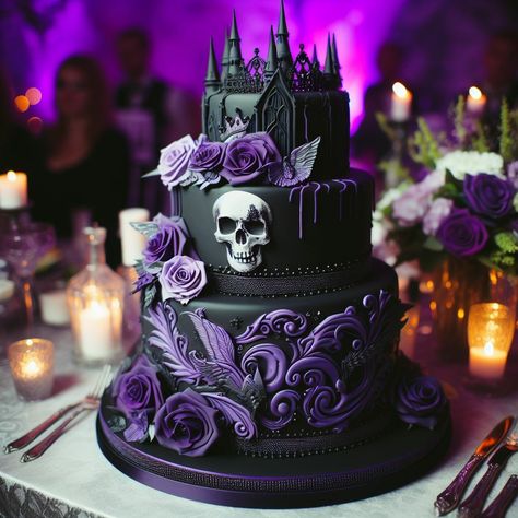 Halloween Themed Wedding Cakes, Purple Goth Wedding, Gothic Baking, Black Wedding Cake Ideas, Black And Purple Wedding Theme, Goth Wedding Cake, Purple Floral Cake, Goth Cake, Black And Purple Wedding