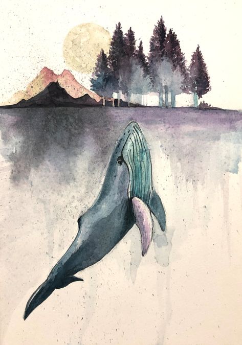 Watercolor Painting - The whale Below City | Domestika Whale Artwork, Whale Painting, Whale Nursery, Watercolor Whale, Seascape Wall Art, Cute Whales, Whale Art, Whale Print, A Whale