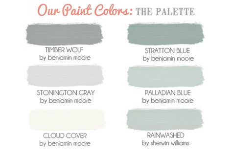 Calm Neutral Color Palette. Timber Wolf by Benjamin Moore. Stratton Blue by Benjamin Moore. Stonington Gray by Benjamin Moore. Palladian Blue by Benjamin Moore. Cloud Cover by Benjamin Moore. Rainwashed by Sherwin Williams. Via Marital Glue. Stratton Blue, Palette House, Benjamin Moore Stonington Gray, Palladian Blue Benjamin Moore, Woodlawn Blue, Wythe Blue, Turquoise Paint, Stonington Gray, Palladian Blue