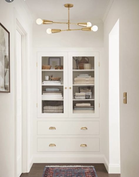 Linen Hallway Cabinet, End Of Hallway Linen Closet, Linen Closet With Glass Doors, Linen Closet Glass Doors, Bathroom Builtin Cabinets, Built In Bookcase In Bedroom, Master Built Ins, Linen Cabinet Hallway, Hallway Storage Cabinet