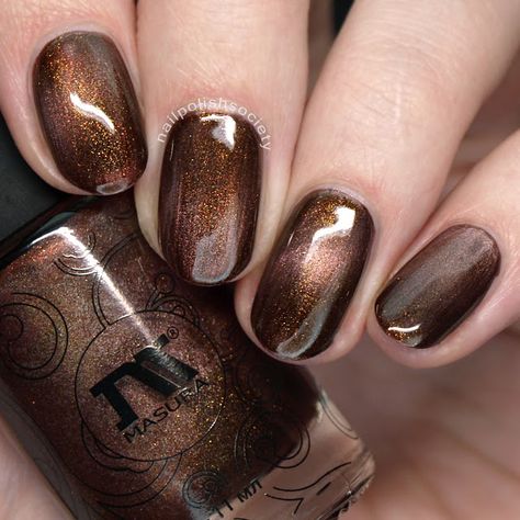 Nail Polish Society>> Masura Magnetic Polish Swatches and Review Bronze Gel Nails, Copper Color Nails, Brown Nail Polish Colors, Fall Pedi, Copper Nails Designs, Nail Art Designs For Beginners, Trendy Nail Polish, Magnetic Polish, Bronze Nails