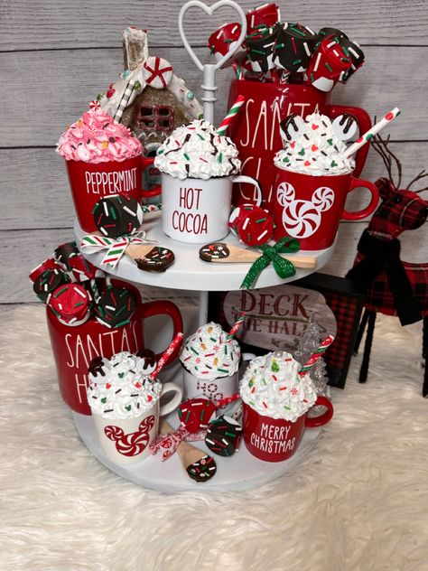 Hot Cocoa Decor, Christmas Marshmallows, Hot Cocoa Tiered Tray, Cocoa Tiered Tray, Spoon Decor, Cocoa Spoons, Dipped Marshmallows, Mickey Decorations, Chocolate Dipped Marshmallows