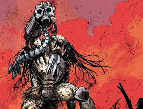 The Predator known as Ahab stands victorious with the skull of an Engineer! Taken from Dark Horse Comics' Fire and Stone series (Predator). Predator Comics, Giger Art, The Predator, Dark Artwork, Alien Vs Predator, An Engineer, Alien Vs, Alien Worlds, Dungeons And Dragons Homebrew