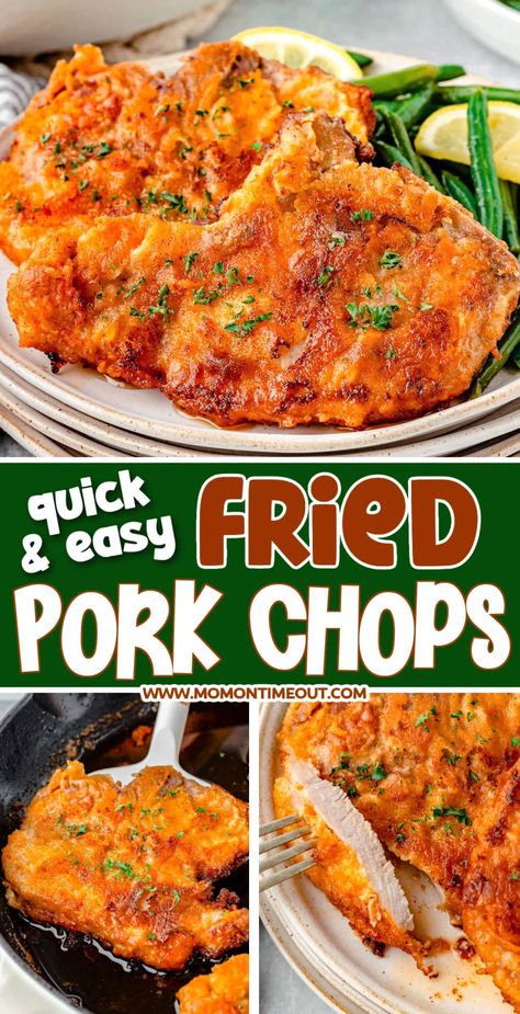 This easy Fried Pork Chops recipe is crispy, golden perfection on the outside and juicy deliciousness on the inside! Perfectly seasoned pan fried pork chops are marinated in buttermilk and coated in a flavorful seasoning mix and fried up in just minutes! A classic recipe that's hearty, satisfying and perfect to serve alongside your favorite side dishes like mashed potatoes, green beans or a simple green salad. | MomOnTimeout.com Easy Fried Pork Chops, Recipes For Boneless Pork Chops, Tender Fried Pork Chops, Butterflied Pork Chop Recipes, Buttermilk Pork Chops, Fried Pork Tenderloin Recipes, Easy Pork Chops Recipes, Simple Pork Chop Recipes, Chinese Pork Chops Recipes Asian Style