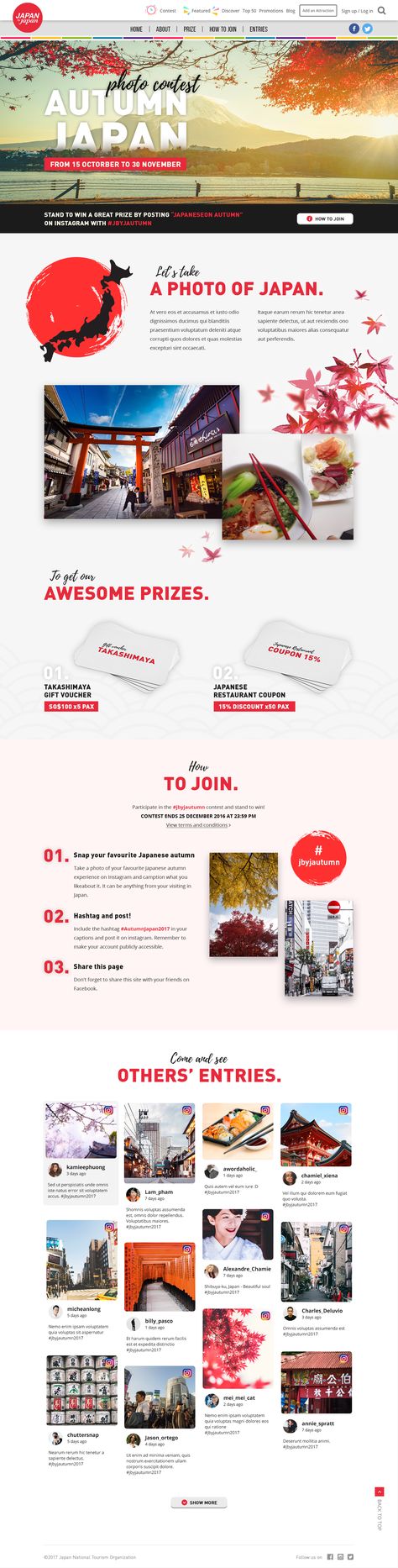 Landing page design for a photo contest in Japanese. Check out at my Behance. Travel - Website design - Japanese - Japan - Contest - Inspiration - UI/UX Design - Clean & Clear - Flat Design - Tourism - Photography Japan Website Design, Japan Web Design, Japanese Website Design, Tourism Website Design, Japanese Web Design, Japan Website, Japanese Website, Food Website Design, Web Japan