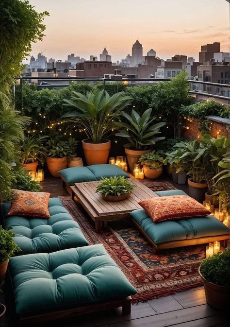 Cozy Rooftop Terrace, Rooftop Plants Ideas, Patio Floor Seating, Cozy Terrace Ideas, Rooftop Terrace Decor, Rooftop Patio Ideas, Rooftop Oasis, Cozy Terrace, Rooftop Decor