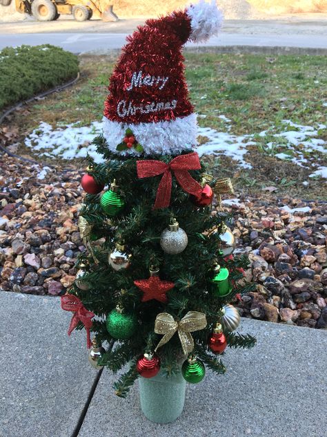 Cemetery Christmas Tree~Santa Hat~Grave Decoration~Artificial Tree~Styrofoam Vase Insert~Graveside~READY TO SHIP~In Loving Memory Christmas Headstone Ideas, Christmas Tree For Cemetery Vase, Christmas Cemetery Decorations Ideas Diy, Cemetary Christmas Decorations Diy, Christmas Grave Decorations Cemetery, Grave Site Ideas Diy, Cemetery Christmas Tree, Grave Wreaths, Cemetery Wreaths