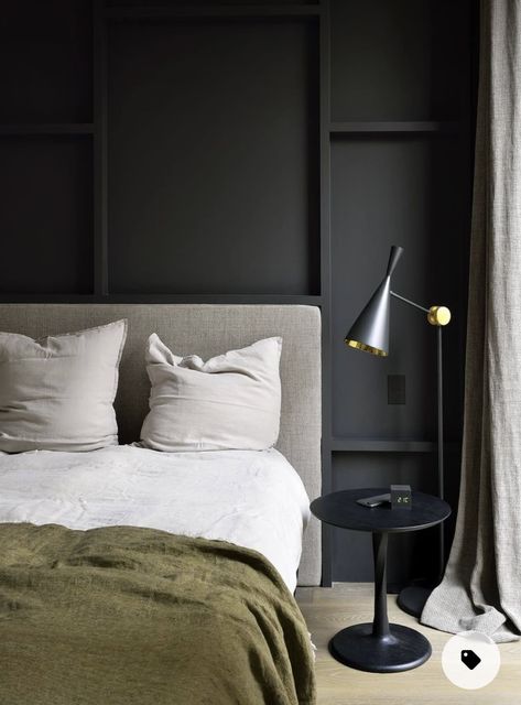 Bedroom Masculine, Masculine Bedroom, Floor Lamp Bedroom, Mid Century Modern Bedroom, Modern Bedroom Interior, Night Stand, Dream Decor, Black Walls, Bedroom Sets