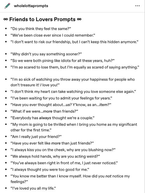 Flirting Dialogue Prompts, Writing Friends To Lovers, Friends To Lovers Scenarios, Dark Romance Prompts, Found Family Prompts, Ship Prompts, Scene Writing Prompts, Writing Expressions, Scene Writing