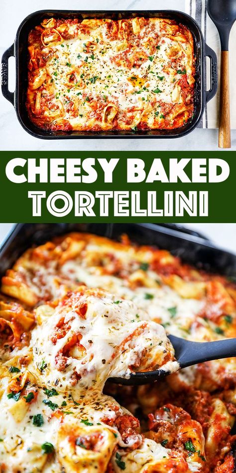 Pasta Bake Tortellini, Tortellini And Ravioli Recipes, Beef Tortellini Casserole, Cheesy Baked Tortellini Casserole With Meat Sauce, Tortalini Casserole Recipes, Easy Baked Tortellini Casserole, Tortellini Meat Sauce, Tortellini Pizza Bake, Tortellini With Red Sauce