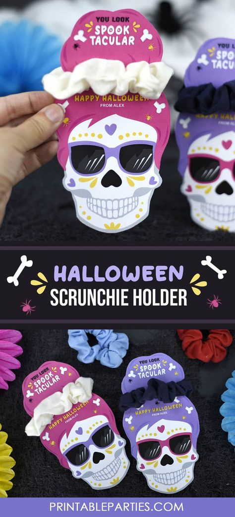 printable halloween scrunchie holder, skull design for halloween classroom gift Diy Halloween Handouts, Halloween Classroom Gift Ideas, Cheer Halloween Goodie Bags, Halloween Cheer Gifts, Halloween Scrunchies, Halloween Handout, Scrunchie Holder, Pumpkin Song, Printable Halloween Tags