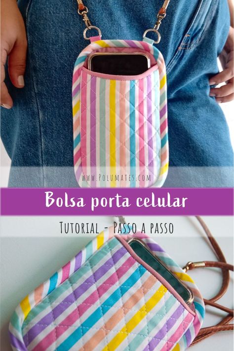 Aprenda como fazer essa bolsa porta celular, passo a passo completo com molde grátis. #portacelular #bolsatutorial #projetosdecostura #costuracriativa #costura #aprendaacosturar #aulasdecostura Tablet Pouch, Crochet Phone Cases, Sewing Bag, Small Bag, Lunch Box, Coin Purse, Pouch, Phone Cases, Tote Bag