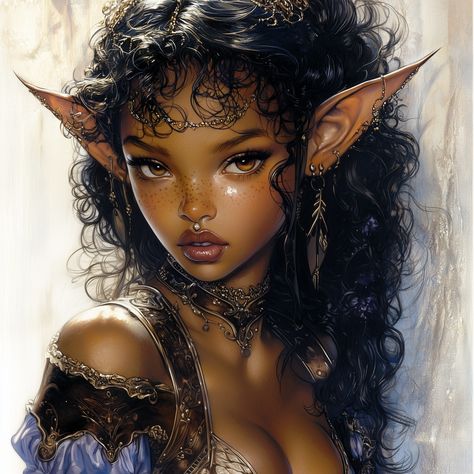 Black Elf Woman, Character Brainstorm, Black Fairy Aesthetic, Black Elves, Black Fae, Black Elf, Golden Fairy, Elven Woman, Dnd Elves