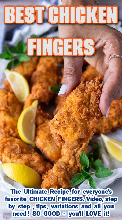 These Chicken Fingers are an easy, quick and satisfying way to get your fast food fix. The fried chicken is perfectly spiced and very moist with a delicate and crispy crust that turns every bite into an adventure! Serve for parties as and easy finger food #fingerfood, #partyrecipes, #chickenfingers Deep Fried Chicken Tenders Recipes, Easy Chicken Finger Recipes, Chicken Crispers Recipe, How To Make Chicken Fingers, Airfryer Chicken Fingers, Baked Chicken Fingers Recipes, Canes Recipe Chicken Fingers, Chicken Finger Recipes Baked, Chicken Finger Recipes Air Fryer