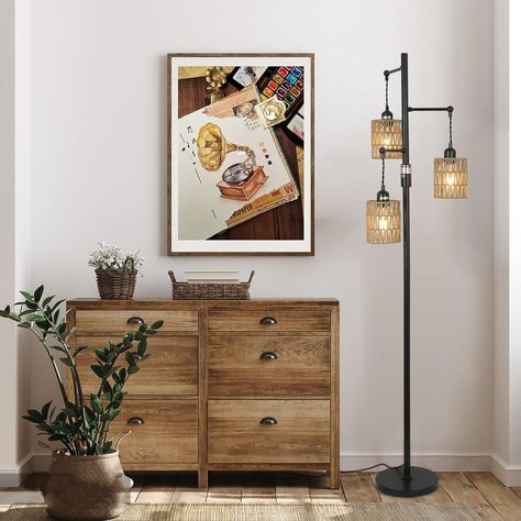 Bohemian Farmhouse Floor Lamp - brown - Bed Bath & Beyond - 40491478 Boho Floor Lamp, Farmhouse Floor Lamps, Floor Lamps For Living Room, Dimmable Floor Lamp, Rattan Floor Lamp, Lamps For Living Room, Farmhouse Flooring, Frame Sign, Tree Floor Lamp