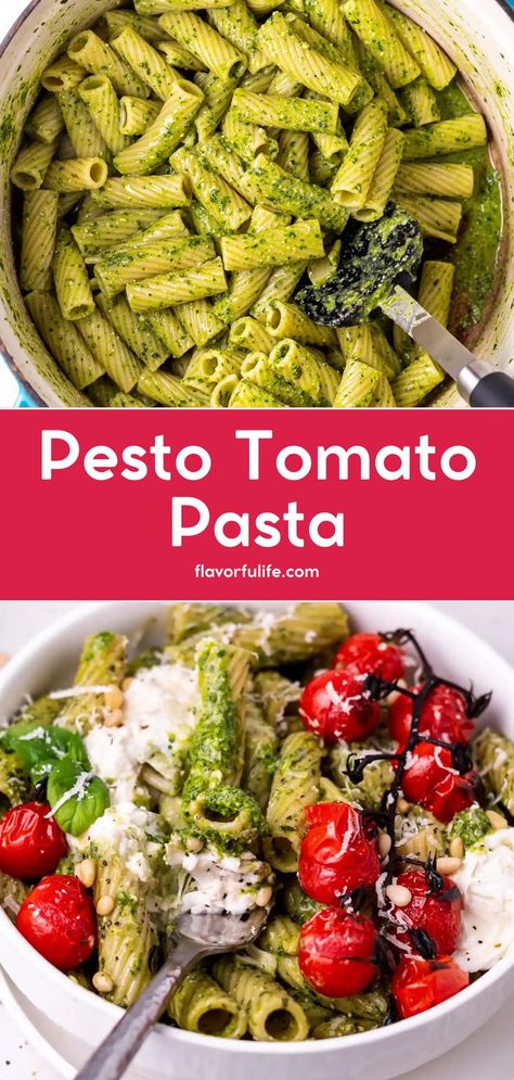 This pesto tomato pasta is the best! Try creamy pesto pasta any night of the week. Creamy tomato basil pesto pasta is a rich, flavorful dish. It’s the best pesto pasta and an easy pasta dinner made with pasta and roasted tomatoes. Perfect for family meals, it uses everyday ingredients and is completely homemade. Tomato Basil Pesto Pasta, Best Pesto Pasta, Pesto Rigatoni, Tomato Basil Pesto, Tomatoes And Burrata, Burst Tomatoes, Best Pesto, Rigatoni Recipe, Basil Pesto Pasta