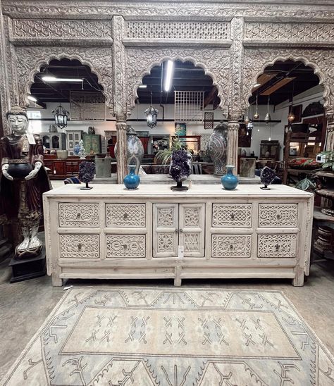 This gorgeous antique pine Chinese cabinet is on display in our store front 🤍 With a natural whitewash and intricate carvings, it would look lovely and elegant in any home. 97”x17.5”x35.5”H Pine Cabinet, Main Doors, Chinese Cabinet, Pine Cabinets, Krishna Statue, Main Door, Vintage Indian, Store Front, Vintage Painting