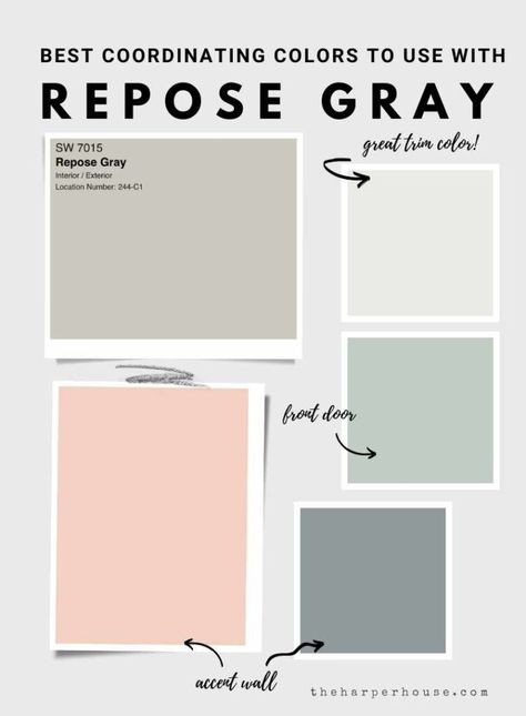 Sherwin Williams Repose Gray: Photos, Videos, and Secret Tip (2021) Color Palette Repose Gray, Colors With Repose Gray, Repose Gray Palette, Paint Colors That Go With Repose Gray, Sw Repose Gray Exterior, What Colors Go With Repose Gray, Repose Gray Living Room Decor, Repose Gray Accent Colors, Repose Gray Sherwin Williams Bedroom