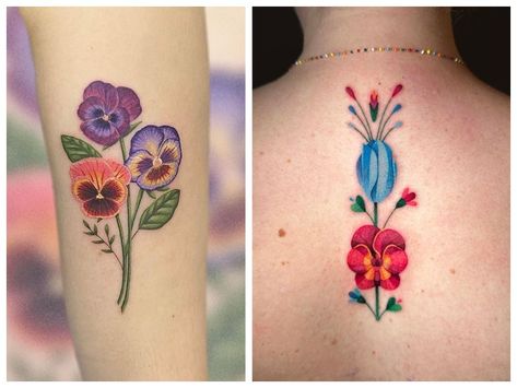 Pansy Tattoo Designs Pansy Butterfly Tattoo, Pansy Tattoo Color, Pansy Flower Tattoo, Flower Spine Tattoo, Totoro Tattoo, Pansy Tattoo, Small Inspirational Tattoos, Violet Flower Tattoos, Trash Polka Tattoo Designs