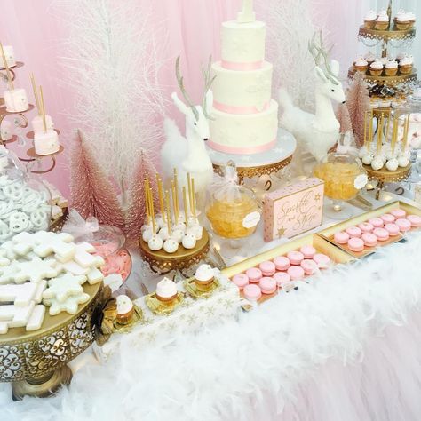 Pink Christmas Dessert Table, Pink Winter Wonderland, Pink And Gold Winter Wonderland Party, Winter Wonderland Dessert Table, Winter Wonderland Baby Shower Theme Dessert Tables, Pink Winter Wonderland Dessert Table, Baby One Winter Wonderland Pink Backdrop, Pink Winter Wonderland Baby Shower Backdrop, Pink Snowflake Party Winter Wonderland