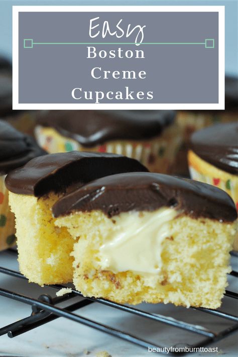 Moist yellow caked filled with creamy pudding and topped with sinful chocolate ganache? These Boston Cream Cupcakes are your new favorite dessert. #bostoncream #cupcakes #desserts #sweets Easy Boston Cream Pie Cupcakes, Yellow Cake Filled Cupcakes, Boston Creme Cupcake, Yellow Cake Cupcakes Ideas, Boston Creme Filling, Cupcakes With Pudding Filling, Cream Filled Cupcakes Easy, Boston Crème Pie Cupcakes, Boston Cream Cupcakes Easy