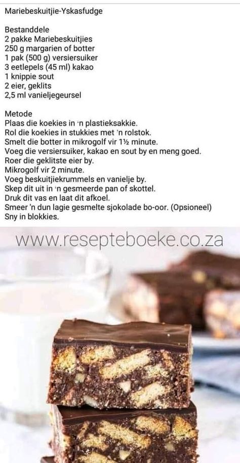 Maklike Yskas Terte, Kook Kos Resepte, Marie Biscuit Recipes, Beskuitjie Fudge, Koekie Resepte, Biscuit Fudge, Easy Tart Recipes, Marie Biscuit, Fluff Desserts