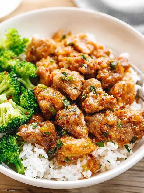 Honey Garlic Pork Rice Bowl Recipe – Pork Recipe — Eatwell101 Pork Rice Bowl Recipe, Pork And Rice Recipes, Pork And Rice, Honey Garlic Pork, Pork Steak Recipe, Healthy Pork Recipes, Pork Bites, Rice Bowl Recipe, Garlic Pork