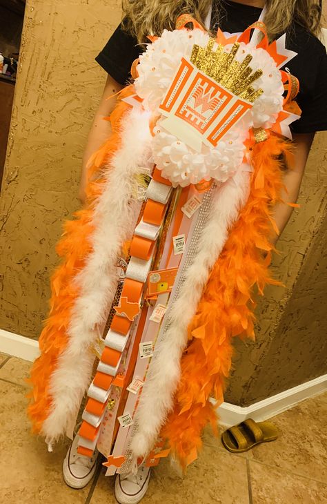 Whataburger Mums Homecoming, Orange Mums Homecoming, Whataburger Mum, Texas Mums, Hoco 2022, Mums Homecoming Diy, Hoco Mums, Senior Year Ideas, Texas Homecoming Mums