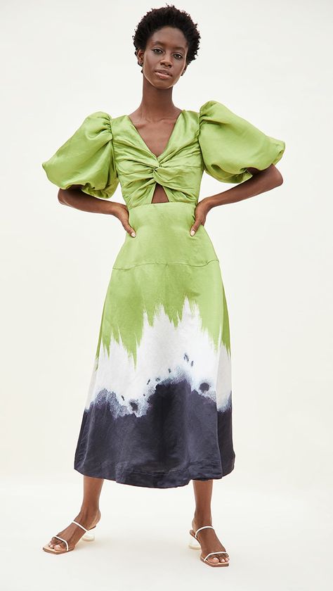 Aje Arcadian Knot Dress | SHOPBOP Designer Midi Dresses, Knot Dress, Dyed Linen, Puff Sleeve Dress, Puffed Sleeves Dress, China Fashion, Green Dress, Linen Blend, Sleeve Dress