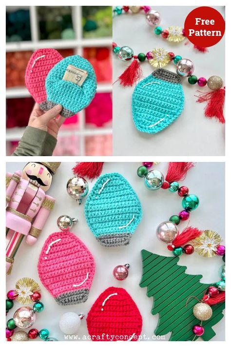 Christmas Light Gift Pocket Free Crochet Pattern Crocheted Christmas, Crochet Christmas Stocking, Crochet Christmas Gifts, Crochet Xmas, Amazing Crochet, Crochet Christmas Decorations, Crochet Ornaments, Holiday Crochet, Christmas Crafts For Gifts