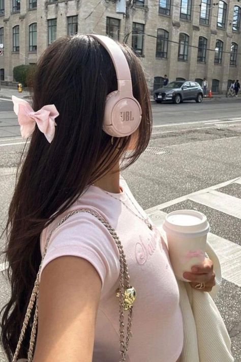 Long, Layered Chestnut Locks Enhanced by a Soft Pink Bow Accessory, Offering a Playful Twist to a Sophisticated Look // Photo Credit: Instagram @silkycoquette Pink Headphones, Wearing Headphones, Pink Lifestyle, Pretty Pink Princess, Princess Core, Pink Life, Pink Aura, Soft Girl Aesthetic, Pink Girly Things