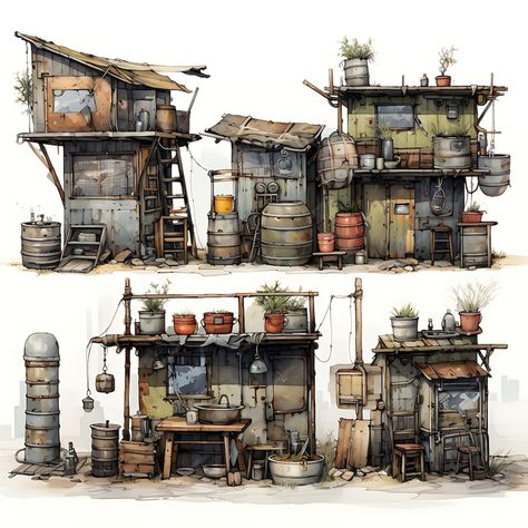 Premium Photo | Watercolor Cottage of Scrap Metal Shanties Repurposed Tire Planters Bold Industria Art 2D Vector Slum City Concept Art, Shanty Town Concept Art, Scrapyard Concept Art, Cottage Reference, Apocalypse House, Steampunk Building, Punk House, Repurposed Tire, Watercolor Cottage