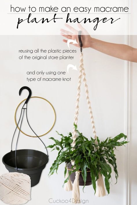 super easy macrame planter using only one knot | recycling your plastic hanging planter with macrame | macrame planter | macrame planter DIY | macrame planter tutorial | macrame planter patterns | macrame planter hanger | macrame indoor planter | macrame planters hanging | DIY boho macrame plant hanger | macrame planter decor #indoorplanter #deccorativeplanter #macrameplanter #plantpots #macrame Diy Large Macrame Plant Hanger, Hanging Plant Macrame Tutorial, Diy Boho Planters, Ivy Trellis, Planter Hanger, Plastic Hanging Planters, Planter Macrame, Planter Decor, Diy Hanging Planter