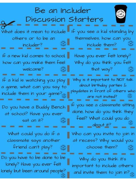 Teach kids how to be kind with these kindness freebie printable: kindness discussion starters. Over 60 conversation starters to use for classrooms in morning meetings or for sel curriculum. Or use at home for family dinner conversations or to connect as a family. These Includer Discussion Starters help kids learn how and why they should include others. Social Emotional Curriculum, Social Skills Groups, Kindness Activities, Discussion Starters, Morning Meetings, Parenting Teenagers, Therapeutic Activities, Morning Meeting, To Be Kind