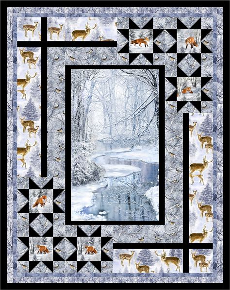 Timeless Treasures | Winter Hike – Forest Finds Panel Quilts Ideas, Panel Quilts Ideas Layout, Attic Window Quilts, Wildlife Quilts, Panel Quilt Patterns, Winter Hike, Fabric Panel Quilts, Visual Memory, Patriotic Quilts