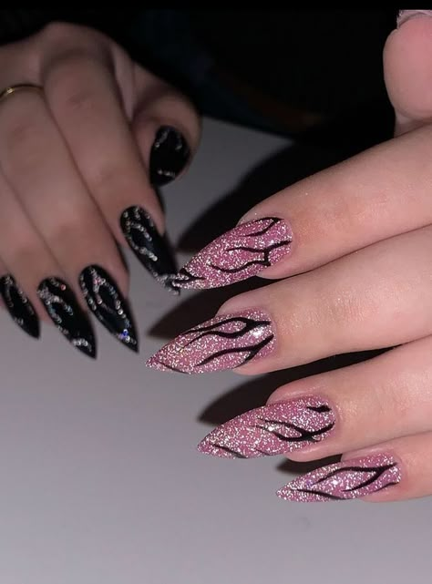 Colorful Sparkly Nails, Goth Glitter Nails, Barbenheimer Nails, Pink And Black Nails Almond, Bright Color Acrylic Nails, Cute Sparkly Nails, Black And Glitter Nails, Sparkly Nail Ideas, Black Glitter Nails