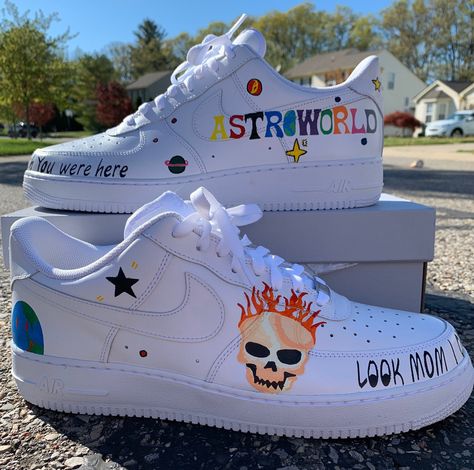 This item includes a NEW pair of AF1's as well as the Travis Scott theme painted on them. I use Angelus paint and finish it with Angelus finisher to make it durable. Shop is full and will take 4-6 weeks for me to make and ship this product Travis Scott Nike Air Force, Nike Air Force 1 Custom, Custom Shoes Diy, Diy Sneakers, Nike Shoes Air Force, Painted Sneakers, Custom Nike Shoes, All Nike Shoes, Personalized Shoes