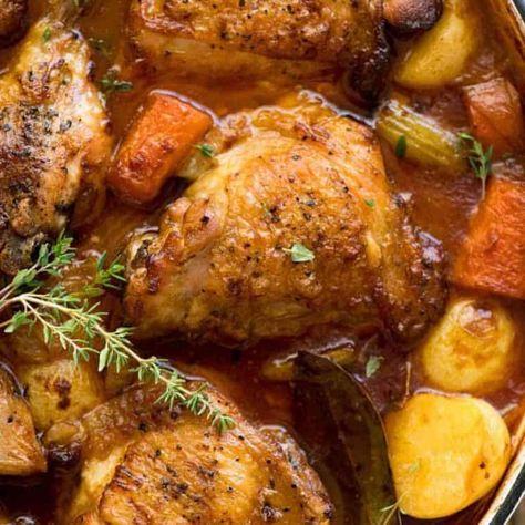 Overhead photo of Chicken Stew in a white dutch oven, fresh out of the oven. Chicken Thigh Stew, Chicken Drumstick, Chicken Tikka Masala Recipes, Stew Chicken Recipe, Slow Cooked Chicken, Recipetin Eats, One Pot Dinner, Chicken Breast Recipes Healthy, Breast Recipe