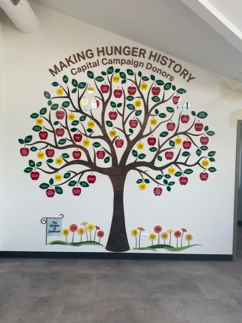 We finally had our donor wall installed. It looks better than we ciukd have imagined it. Donation Wall Ideas, Donor Wall Design Ideas, Donor Wall Design, Community Kitchen, Donor Wall, Tree Wall Murals, Wall Ideas, Tree Wall, Wall Design