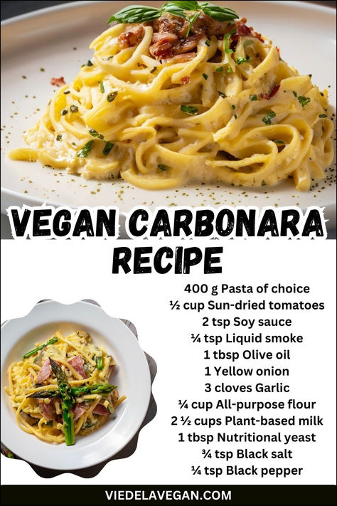 VEGAN CARBONARA RECIPE Vegan Carbonara Recipe, Cabonara Recipes, Vegan Carbonara Pasta, Vegan Carbonara, Comfort Pasta Dishes, Carbonara Recipe, Carbonara Pasta, Recipe Simple, Vegan Dinner