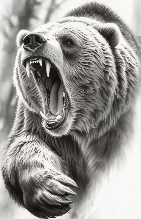 Bear Pencil Drawing, Grizzly Bear Tattoos, Trad Flash, Roaring Bear, Bear Tattoo Designs, Glam Wedding Makeup, Bear Tattoos, Animal Reference, Bear Drawing