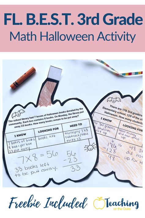 Florida BEST Halloween Activity for 3rd grade Math Crafts Third Grade, 3rd Grade Fall Math Craft, Holiday Math Games, Halloween Word Problems, Two Step Word Problems, Word Problem Games, Word Problems 3rd Grade, Word Problem Strategies, Pumpkin Activity