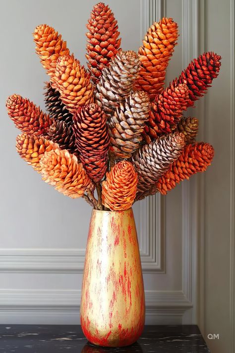 Colorful pinecones in a gold vase create a stunning DIY fall craft decor. Perfect for autumn decorating or as a cute fall centerpiece. Pine Tree Decorations Home Decor, Autumn Natural Decorations, Pine Cone Arrangements, Autumn Flower Decorations, Pinecone Fall Decor, November Diy Decor, Fall Pinecone Decor, Natural Thanksgiving Decor, Halloween Floral Arrangements Diy