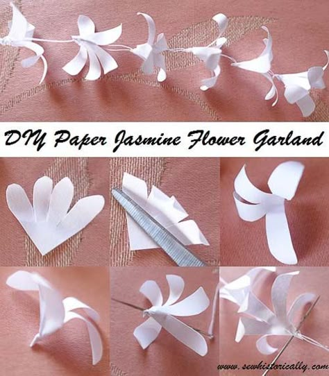 DIY Indian Paper Jasmine Flower Garland – Tutorial | Sew historically Flower Paper Garland, Paper Curtains Diy, Paper Garlands Diy, Diy Jasmine Flower, Jasmine Flower Decoration, Paper Jasmine Flower, Room Crafts Diy Decor, Diy Ceiling Decor, Jasmine Flower Garland