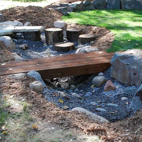 Bridge Patio Pond Bridge Diy, Dry Creek Design, Dry Creek Bridge, Dry Creek Bed With Bridge, Creek Bridge Diy, Outdoor Bridges Backyards, Man Made Stream, Small Bridges Over Creek, Creek Landscaping Natural