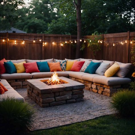 Outdoor seating area with cushioned benches adorned with colorful throw pillows surrounding a square stone fire pit, with string lights hanging above and greenery in the background. Corner Fence Fire Pit Ideas, Fire Pit Ideas Backyard On A Budget, Backyard Fire Pit Ideas Lounge Areas, Backyard Entertaining Area, Backyard Fire Pit Ideas, Diy Fire Pit Ideas, Make A Fire Pit, Patio Oasis, Bonfire Pits