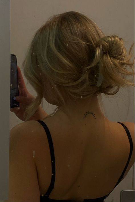 Sunshine Tattoo Back Of Neck, Back Neck Sun Tattoo, Small Tattoo Back Of Neck, Tiny Tattoos Back Of Neck, Cold Shoulder Tattoo, Sun Tatoos Behind The Ear, Sun Tattoo Placement For Women, Sun Tattoo Behind Neck, Sun Tattoo Behind The Ear